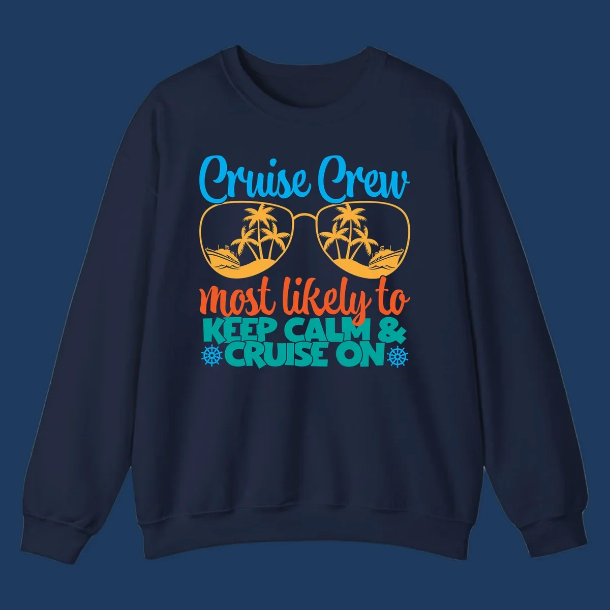 Colorful cruise crew keep calm design with oversized sunglasses showing palm trees and ships, playful vacation text art