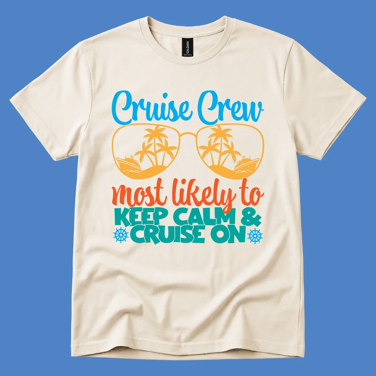 Colorful cruise crew keep calm design with oversized sunglasses showing palm trees and ships, playful vacation text art