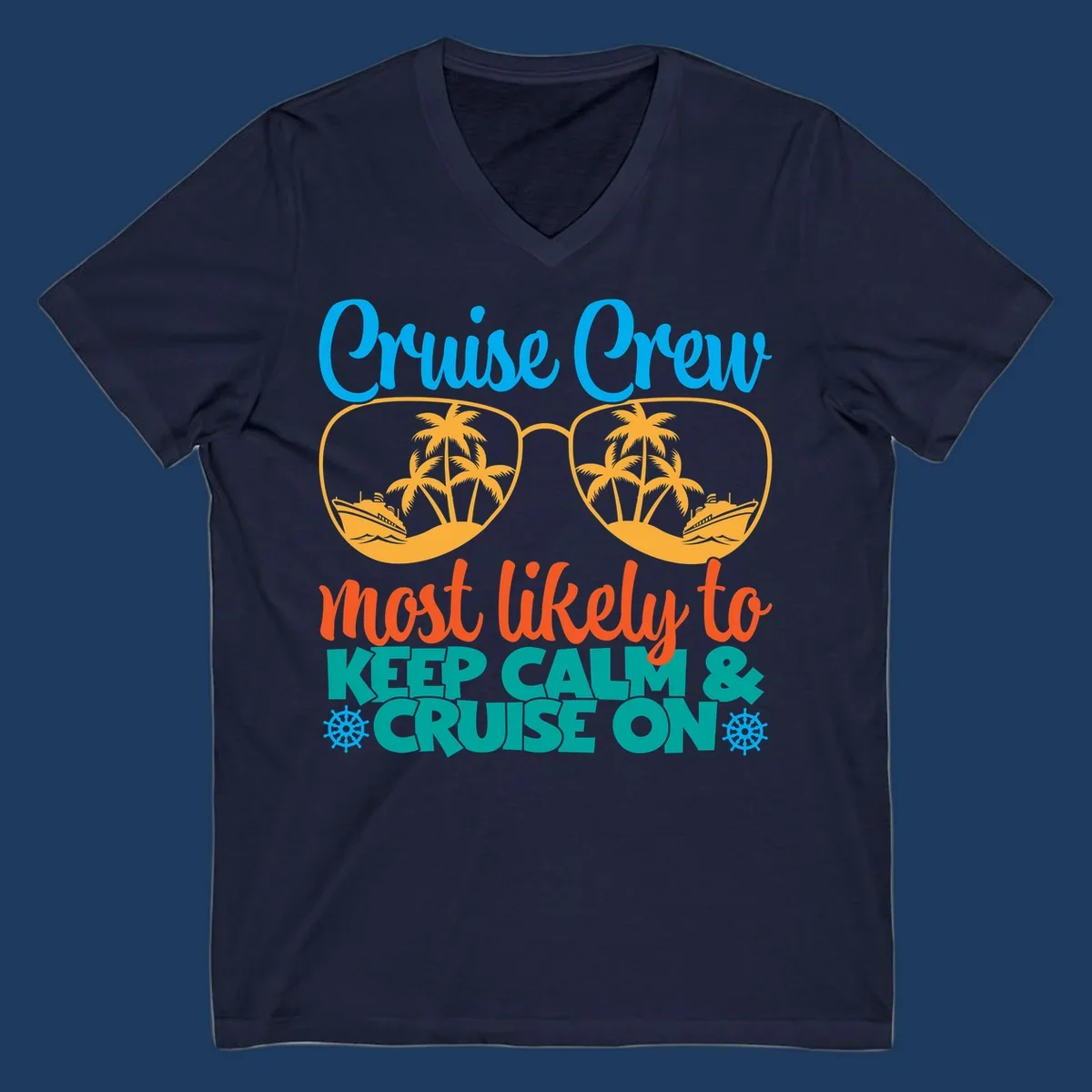 Colorful cruise crew keep calm design with oversized sunglasses showing palm trees and ships, playful vacation text art