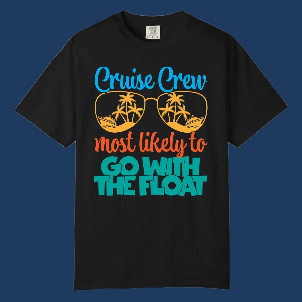 Cruise crew most likely to go with the float design featuring oversized sunglasses with tropical scenes and colorful text