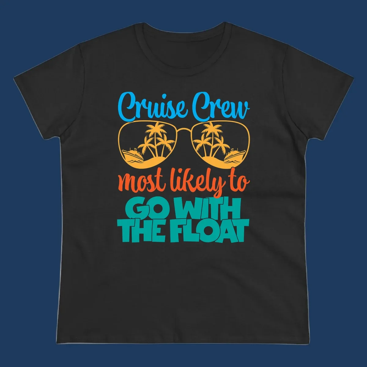 Cruise crew most likely to go with the float design featuring oversized sunglasses with tropical scenes and colorful text