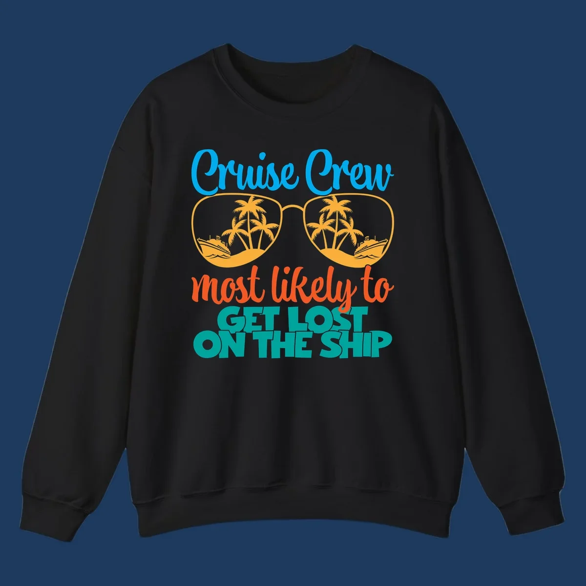 Cruise crew most likely design with oversized sunglasses containing tropical palm trees and ships, humorous vacation tee artwork