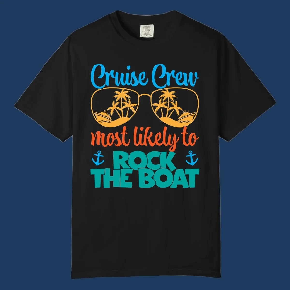 Cruise crew rock the boat design with sunglasses containing palm trees and ships, tropical nautical theme