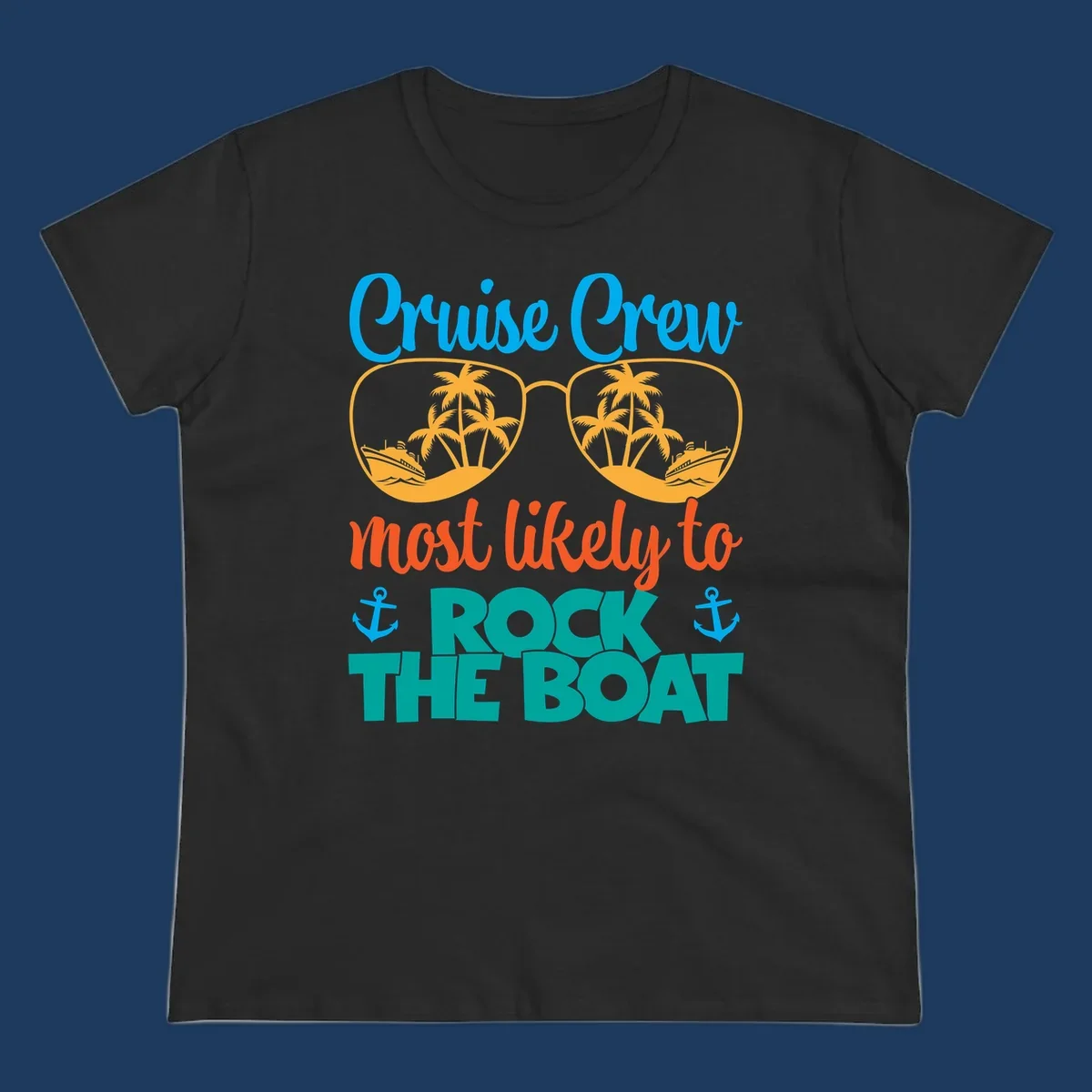Cruise crew rock the boat design with sunglasses containing palm trees and ships, tropical nautical theme