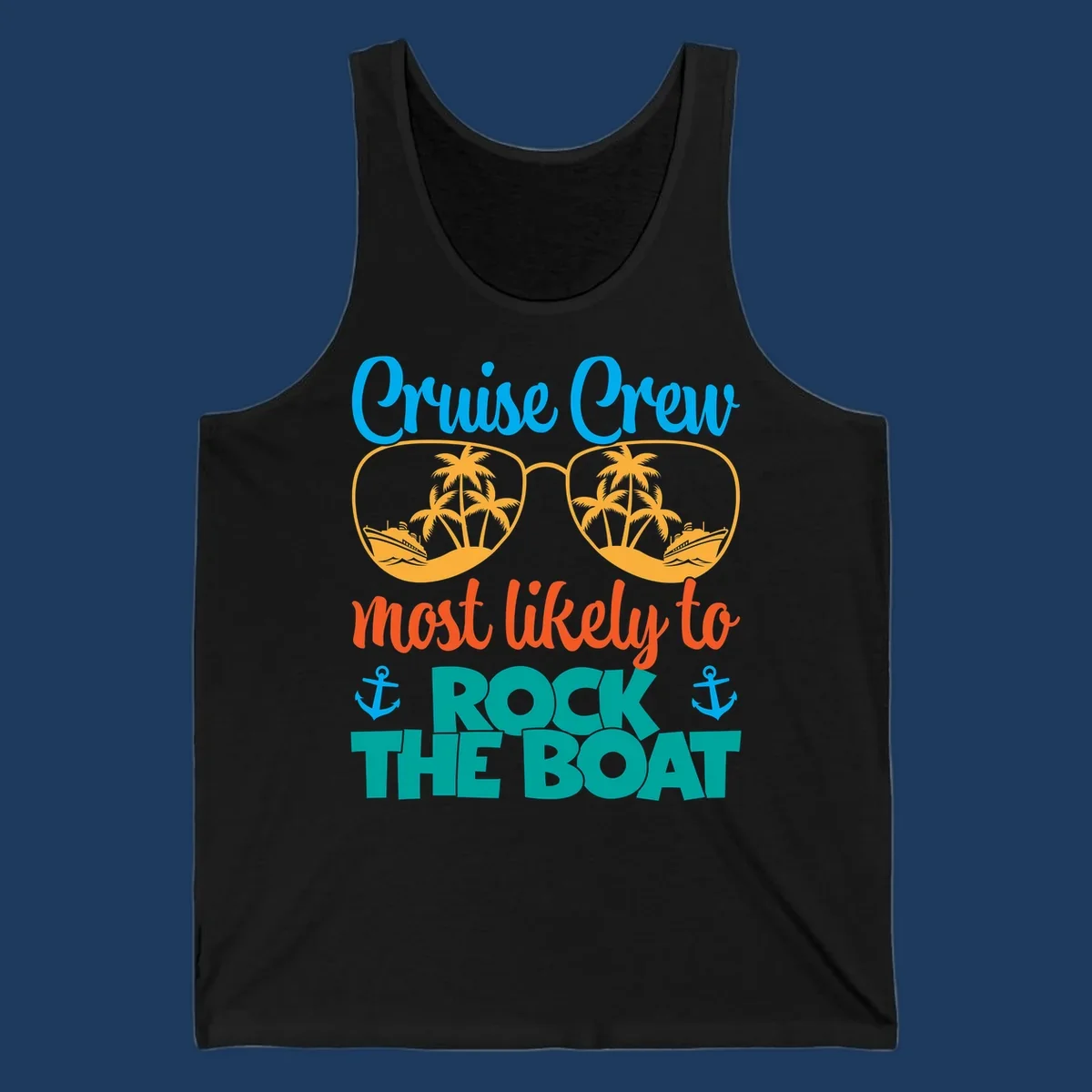 Cruise crew rock the boat design with sunglasses containing palm trees and ships, tropical nautical theme