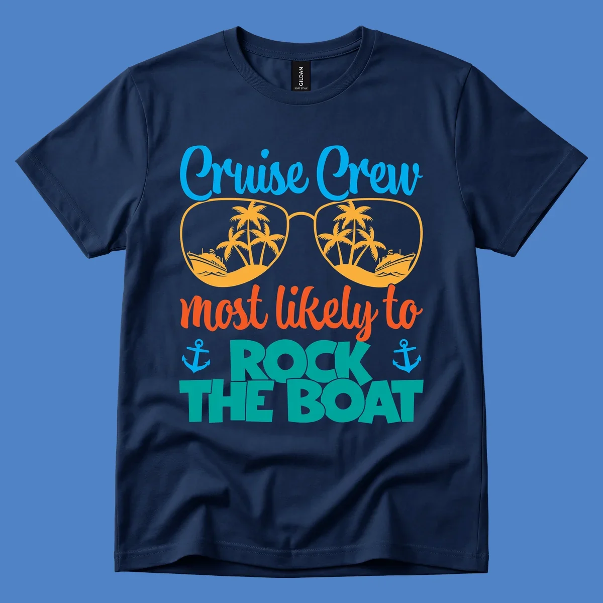 Cruise crew rock the boat design with sunglasses containing palm trees and ships, tropical nautical theme