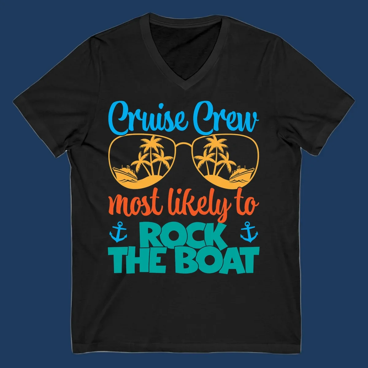 Cruise crew rock the boat design with sunglasses containing palm trees and ships, tropical nautical theme