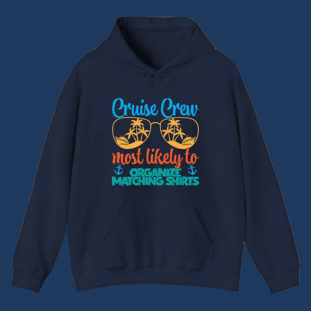 Colorful cruise crew matching shirts design with sunglasses, palm trees, ships, and humorous text about organizing coordinated outfits