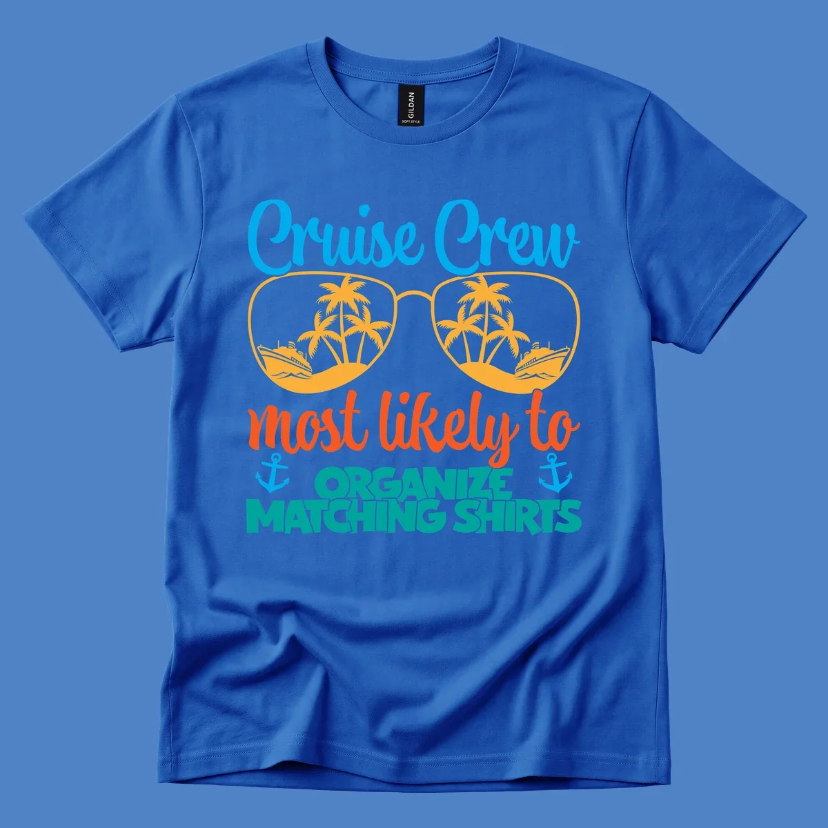 Colorful cruise crew matching shirts design with sunglasses, palm trees, ships, and humorous text about organizing coordinated outfits
