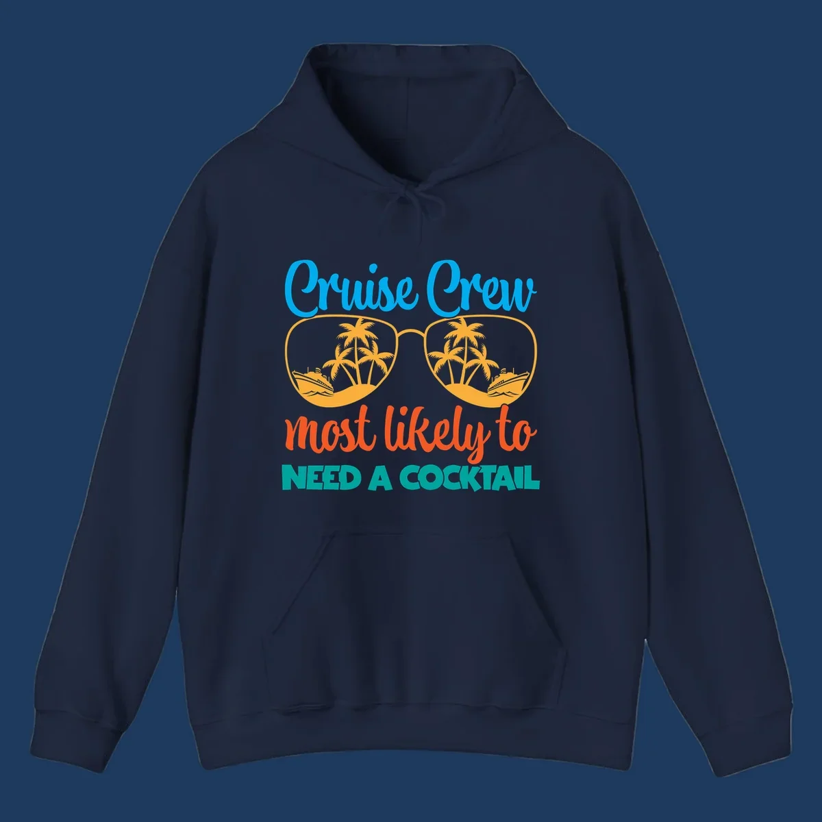 Playful cruise crew cocktail humor design with sunglasses containing tropical beach scenes and cruise ships, featuring bold text about needing a cocktail
