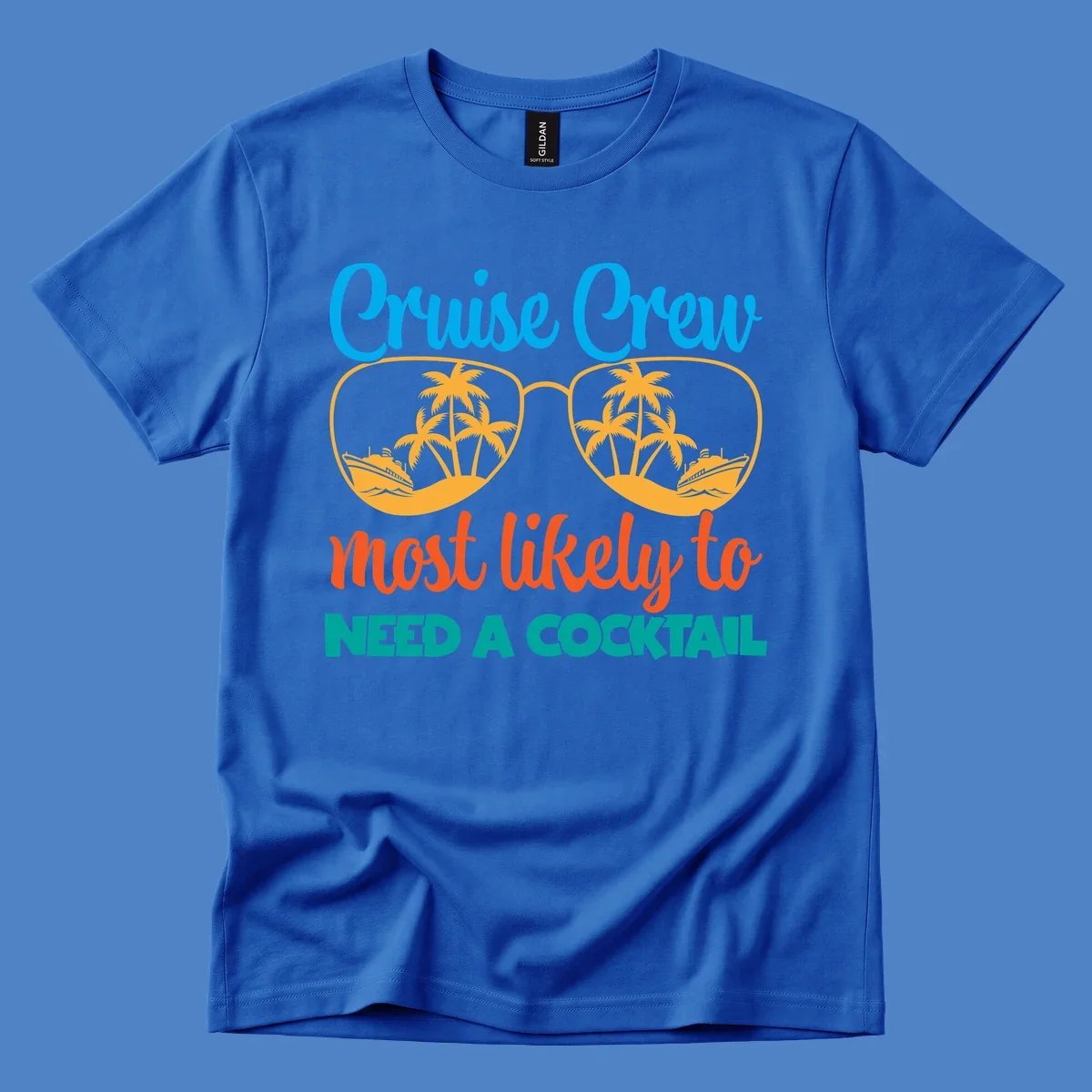 Playful cruise crew cocktail humor design with sunglasses containing tropical beach scenes and cruise ships, featuring bold text about needing a cocktail