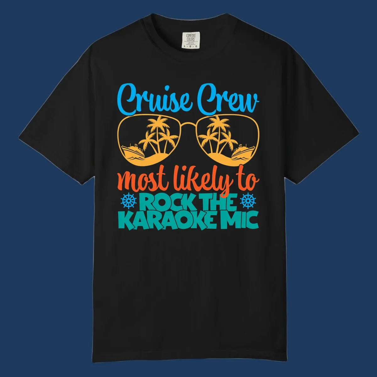Cruise crew karaoke design with sunglasses showing tropical palm trees and ships, playful text about rocking the karaoke mic