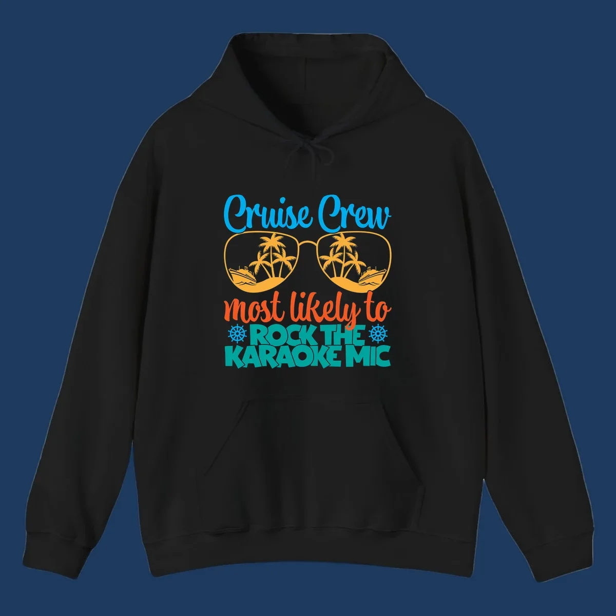 Cruise crew karaoke design with sunglasses showing tropical palm trees and ships, playful text about rocking the karaoke mic