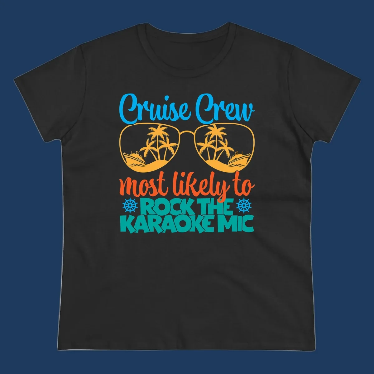 Cruise crew karaoke design with sunglasses showing tropical palm trees and ships, playful text about rocking the karaoke mic