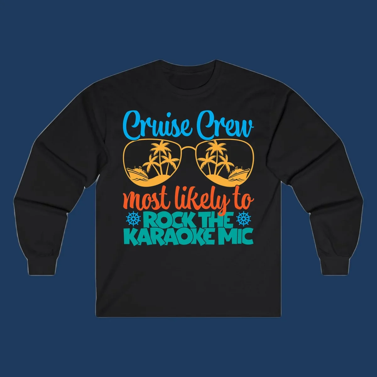 Cruise crew karaoke design with sunglasses showing tropical palm trees and ships, playful text about rocking the karaoke mic