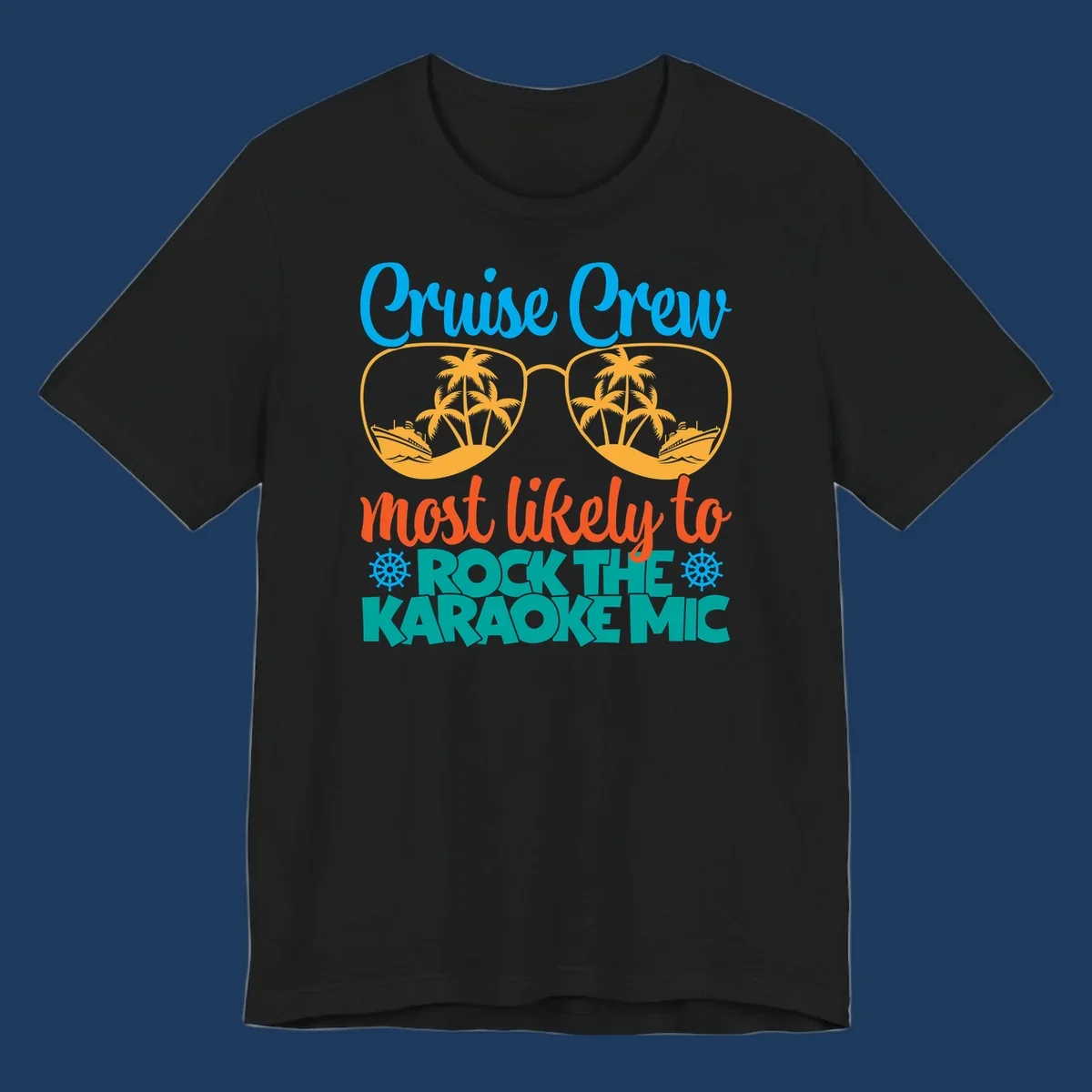 Cruise crew karaoke design with sunglasses showing tropical palm trees and ships, playful text about rocking the karaoke mic