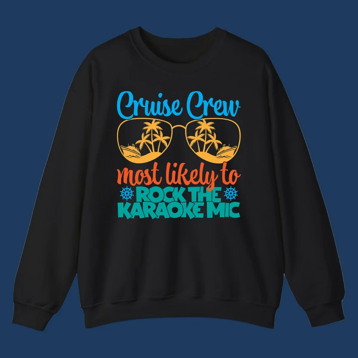Cruise crew karaoke design with sunglasses showing tropical palm trees and ships, playful text about rocking the karaoke mic