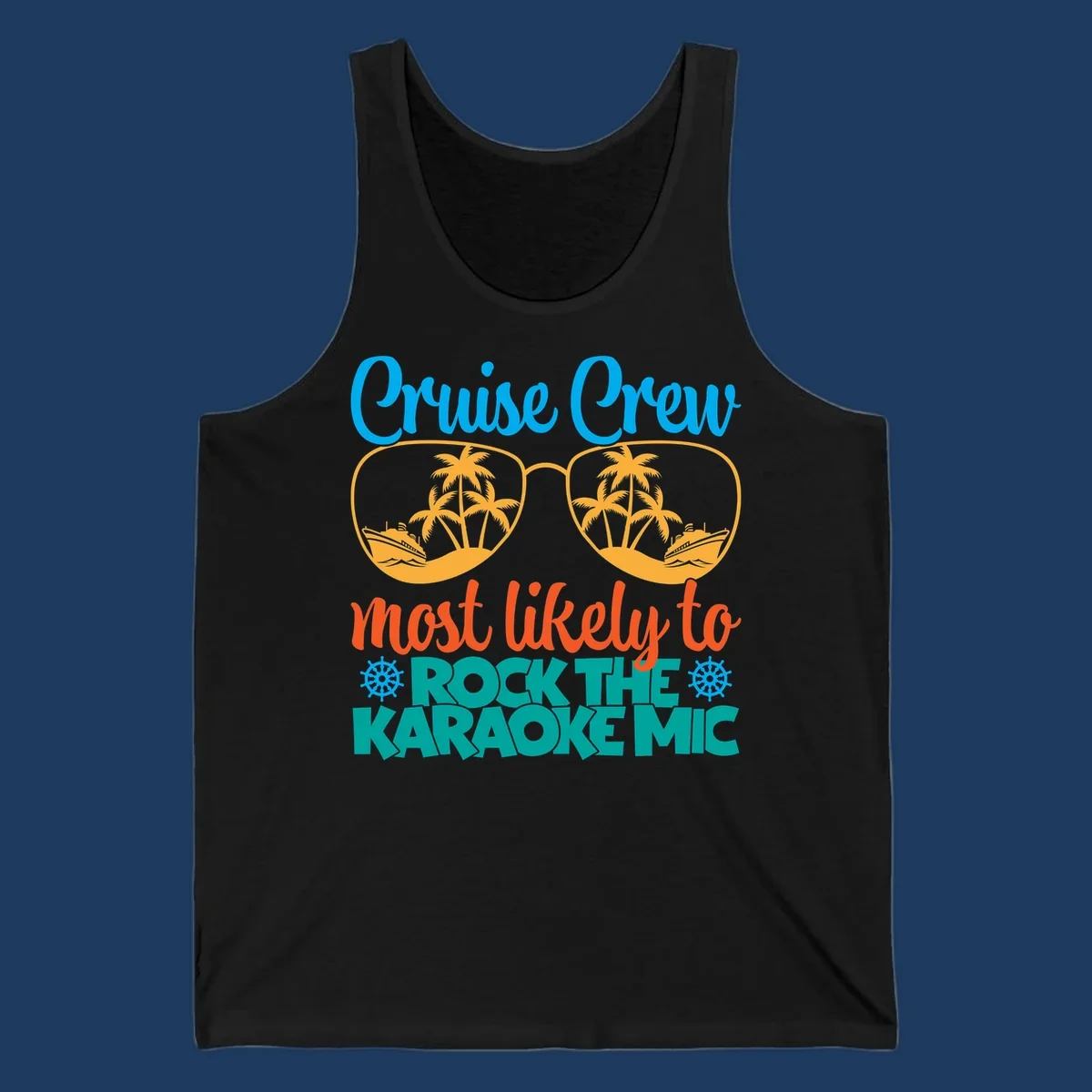 Cruise crew karaoke design with sunglasses showing tropical palm trees and ships, playful text about rocking the karaoke mic