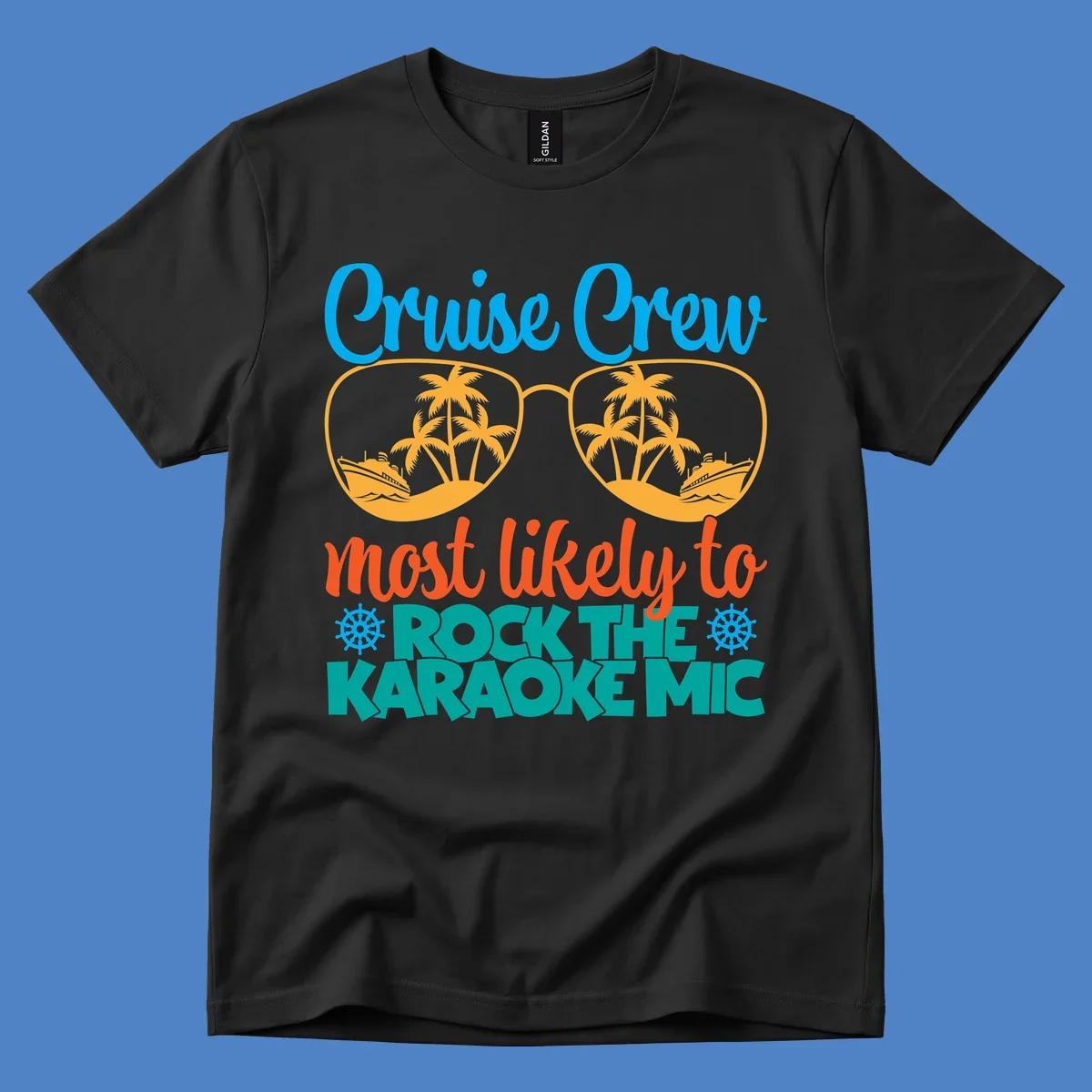 Cruise crew karaoke design with sunglasses showing tropical palm trees and ships, playful text about rocking the karaoke mic