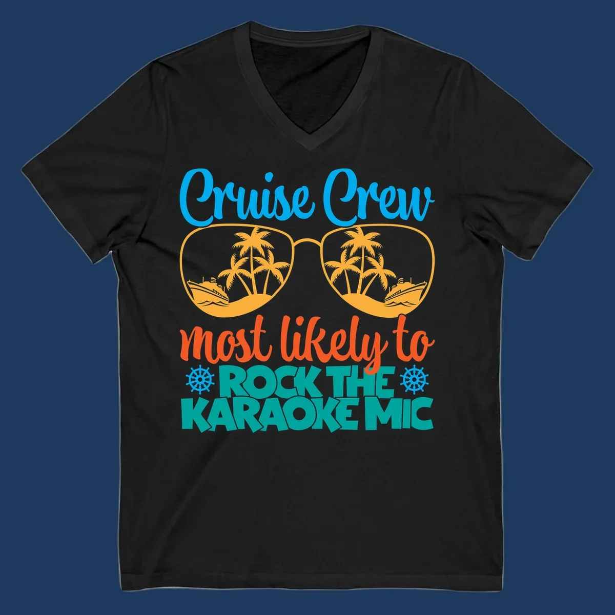 Cruise crew karaoke design with sunglasses showing tropical palm trees and ships, playful text about rocking the karaoke mic