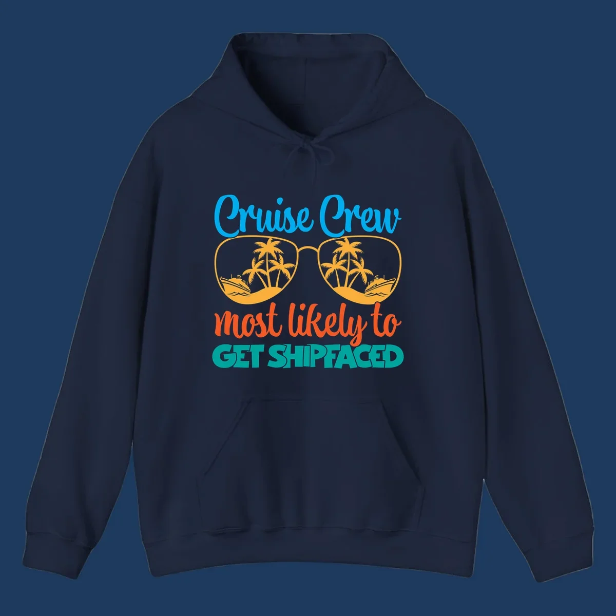 Cruise crew most likely to get shipfaced design with sunglasses containing palm trees and ships, colorful text on gray background