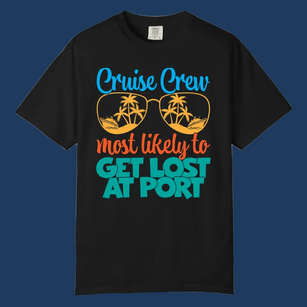 Cruise crew most likely to get lost at port design with sunglasses containing palm trees and ships