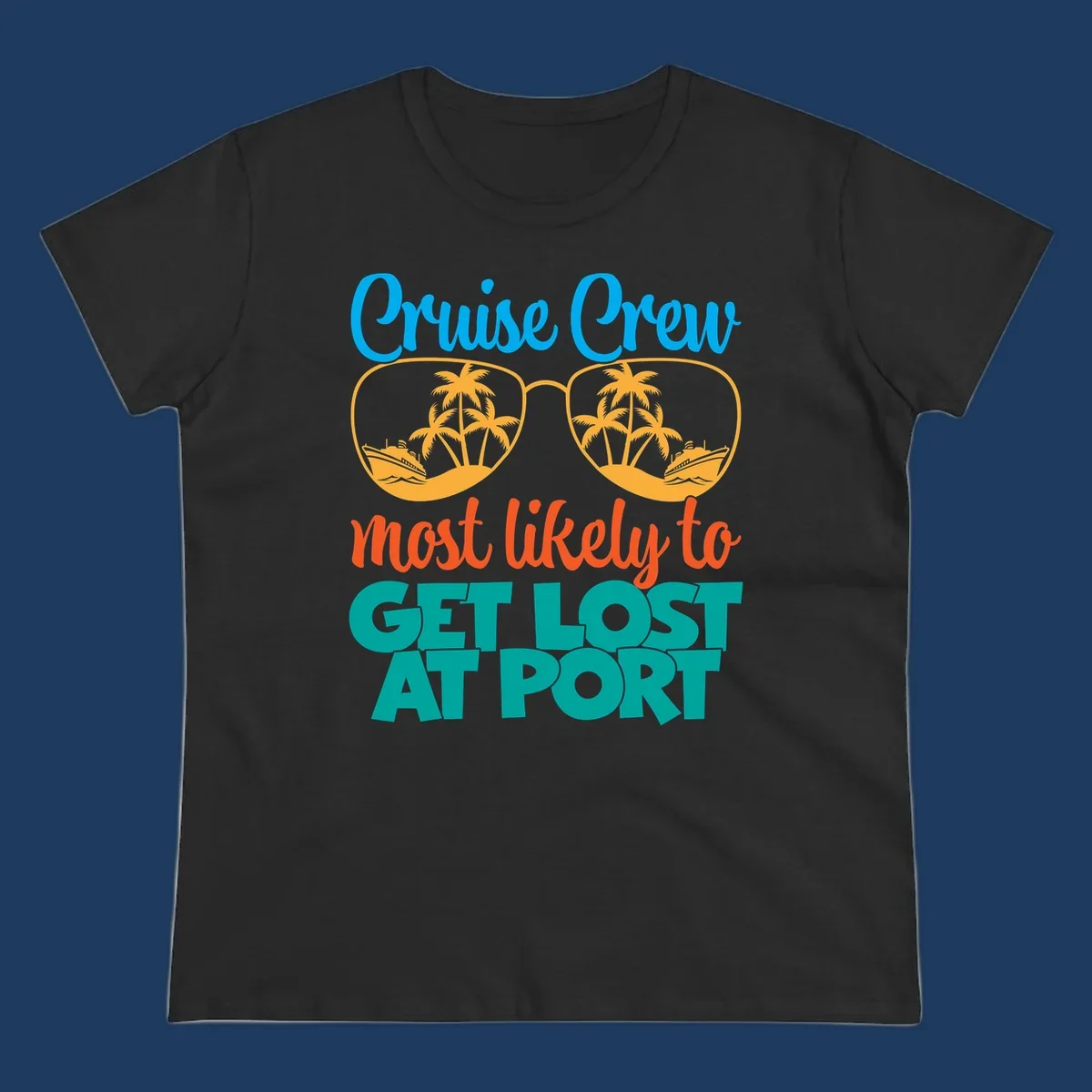 Cruise crew most likely to get lost at port design with sunglasses containing palm trees and ships