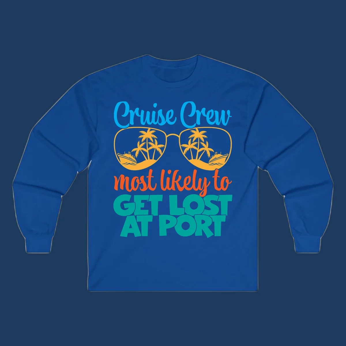 Cruise crew most likely to get lost at port design with sunglasses containing palm trees and ships