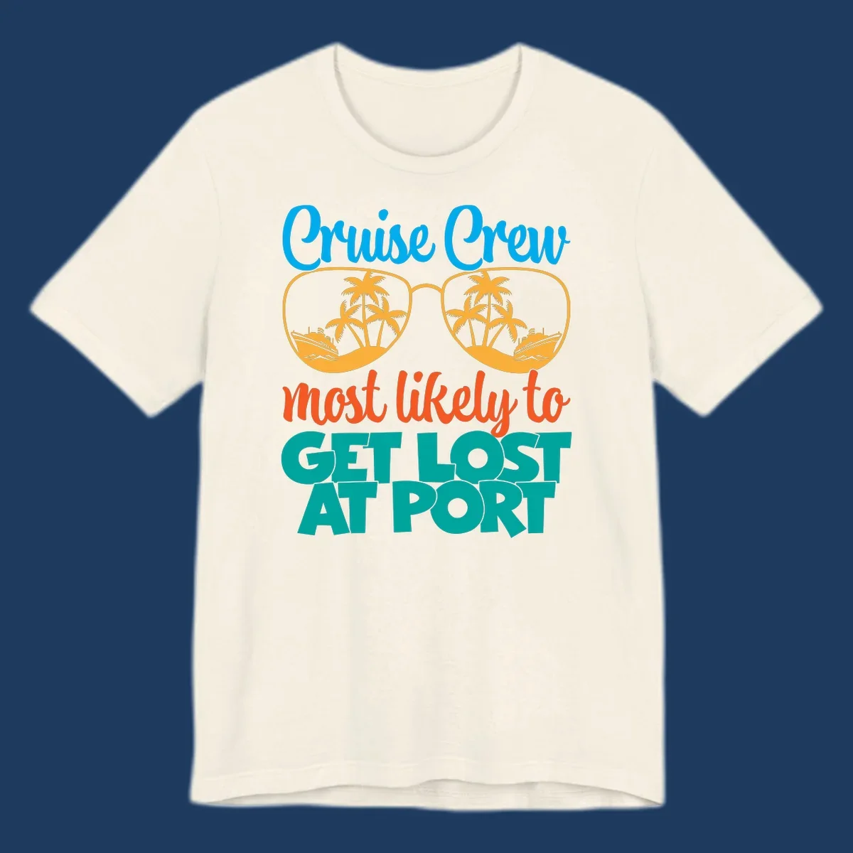 Cruise crew most likely to get lost at port design with sunglasses containing palm trees and ships