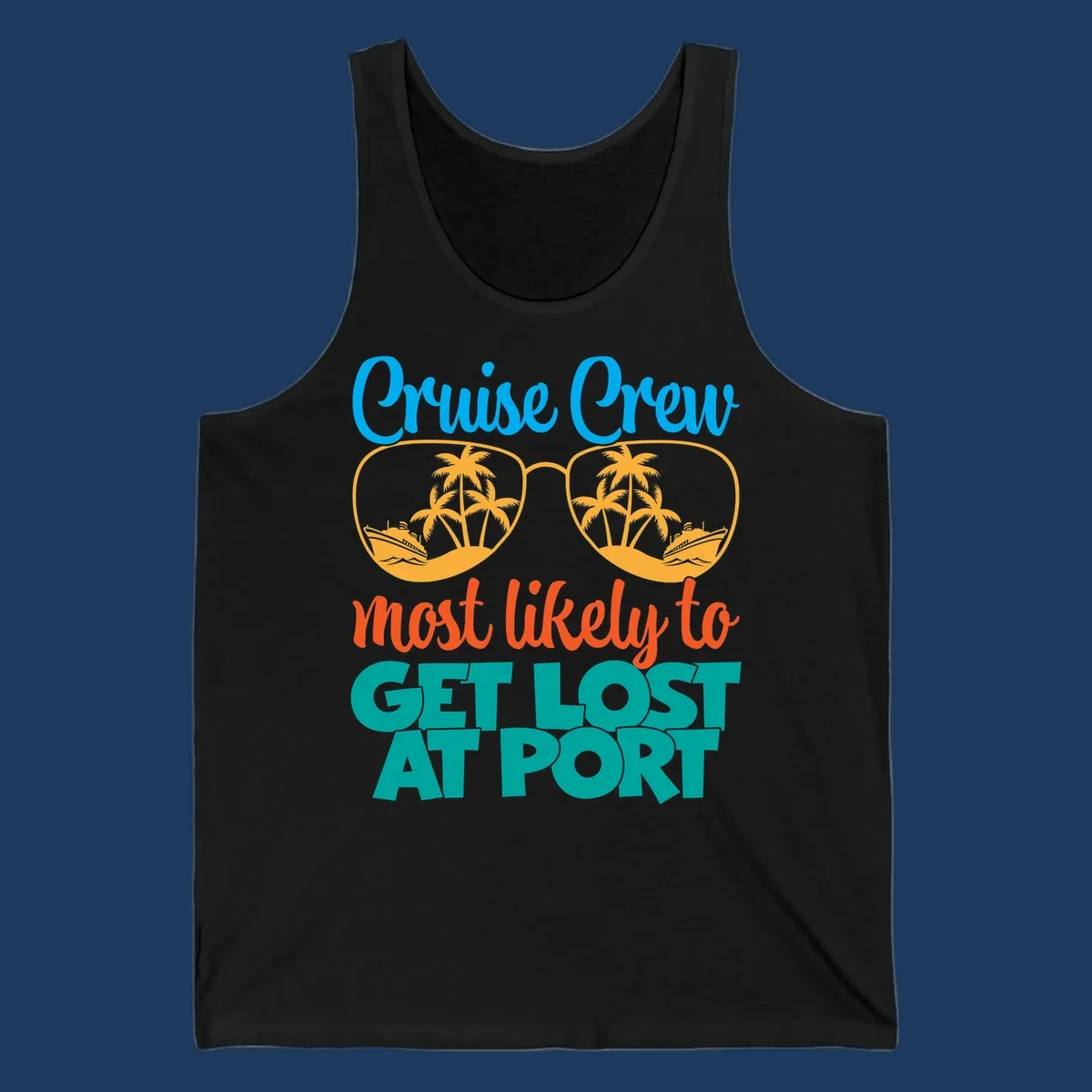 Cruise crew most likely to get lost at port design with sunglasses containing palm trees and ships