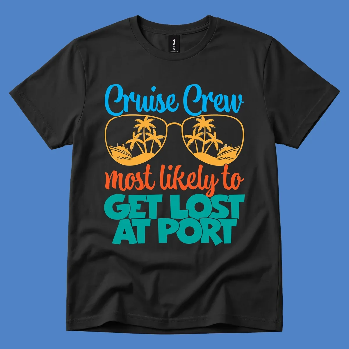 Cruise crew most likely to get lost at port design with sunglasses containing palm trees and ships