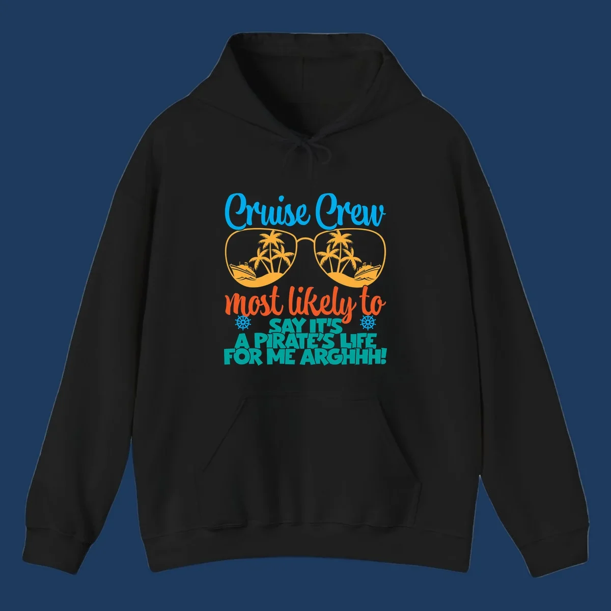 Cruise crew pirate life design with sunglasses reflecting tropical palm trees and ships with text saying it's a pirate's life