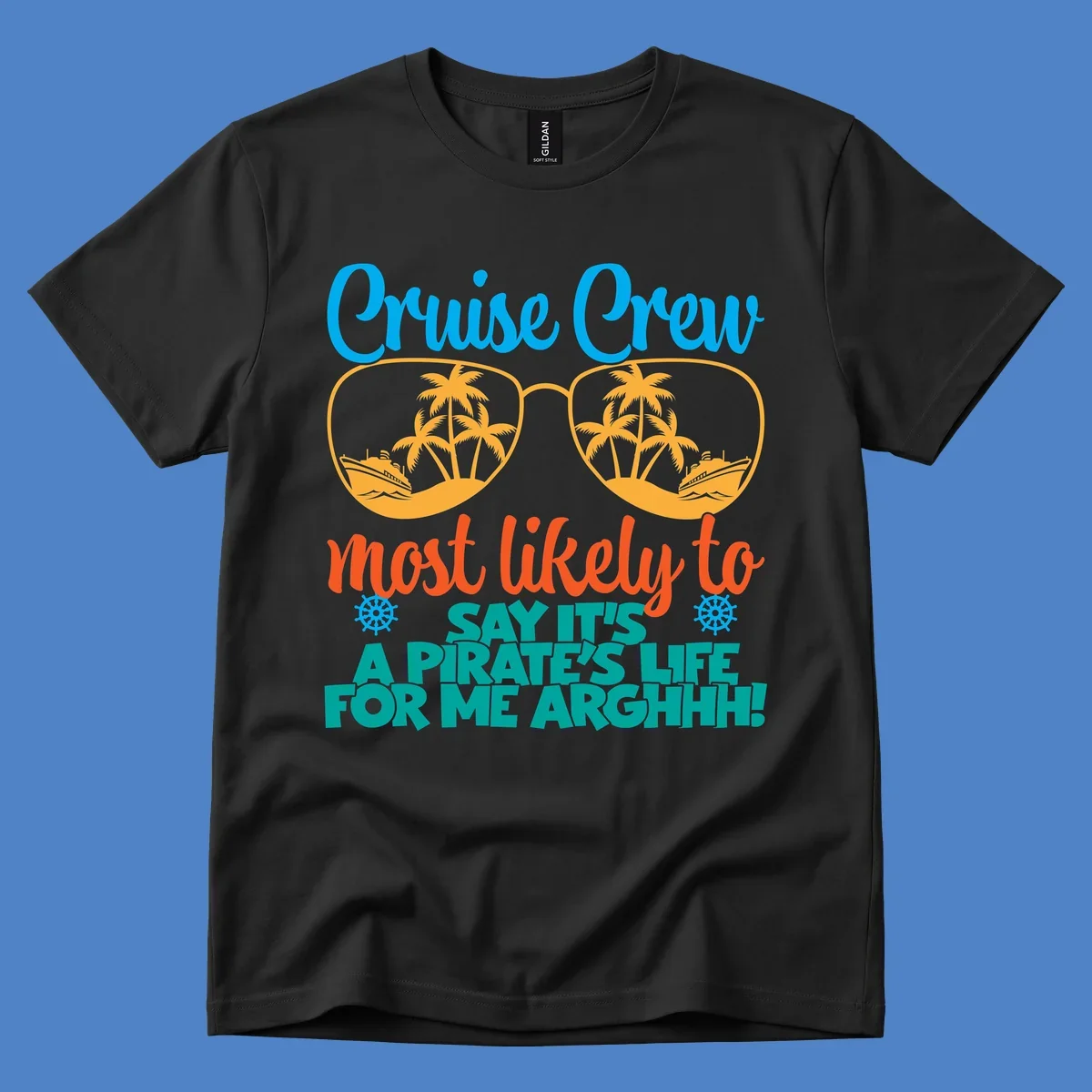 Cruise crew pirate life design with sunglasses reflecting tropical palm trees and ships with text saying it's a pirate's life