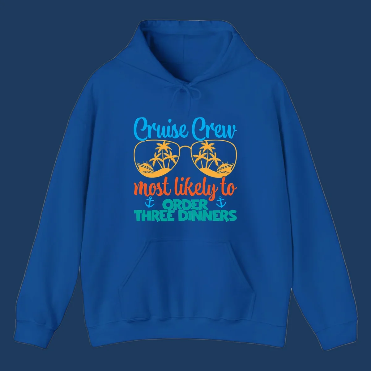 Cruise crew most likely to order three dinners design with sunglasses, palm trees, ships, and anchors