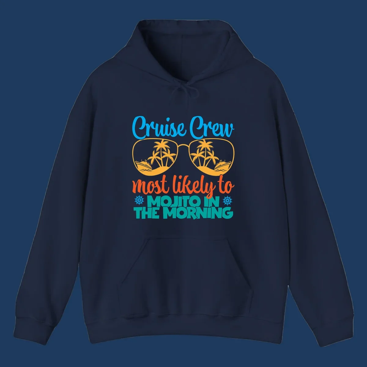 Cruise crew most likely to mojito in the morning design with tropical sunglasses, palm trees, ships, and playful text