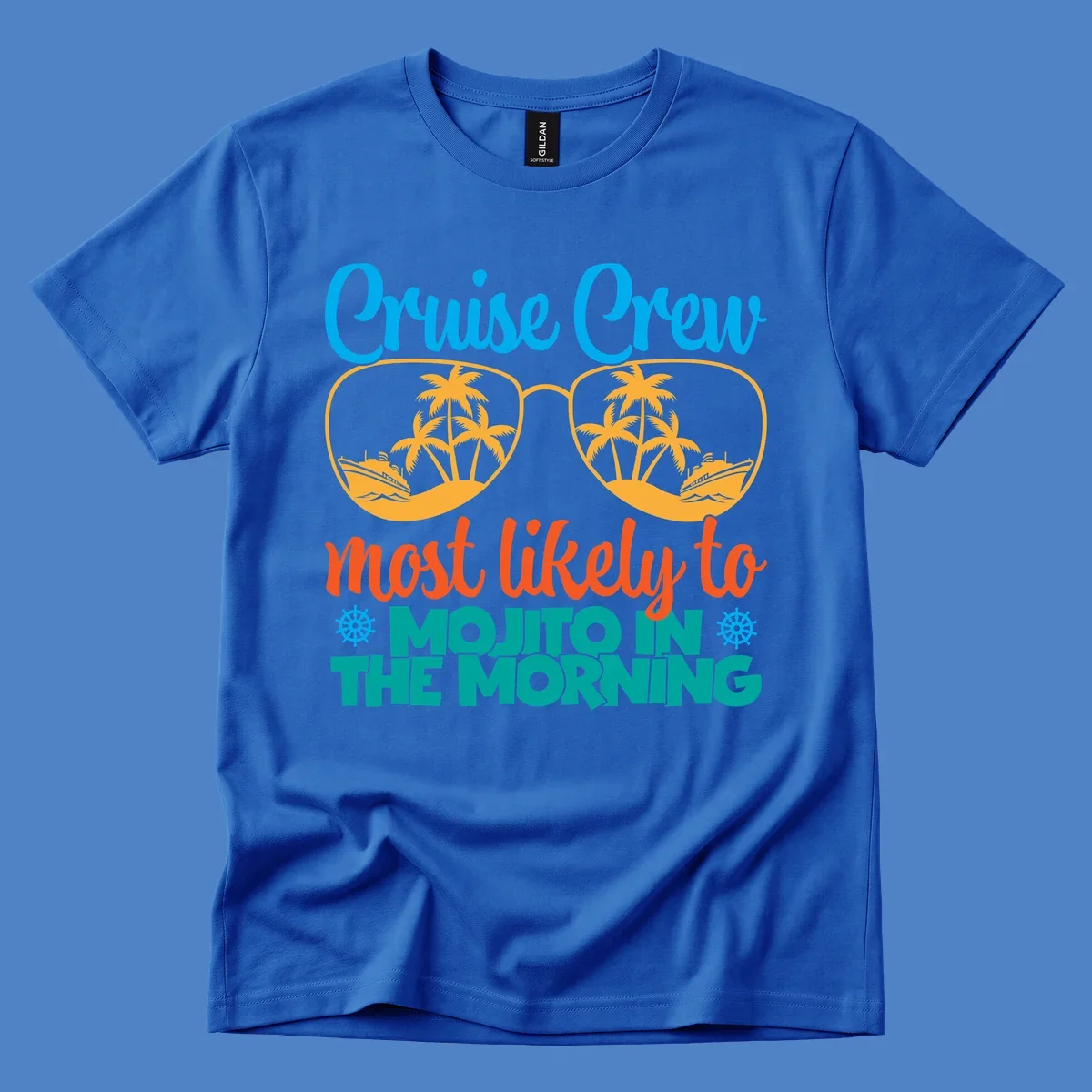 Cruise crew most likely to mojito in the morning design with tropical sunglasses, palm trees, ships, and playful text