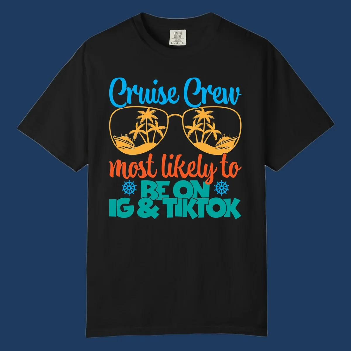 Cruise crew social media design with oversized sunglasses containing tropical island and ship scenes, blue and orange text