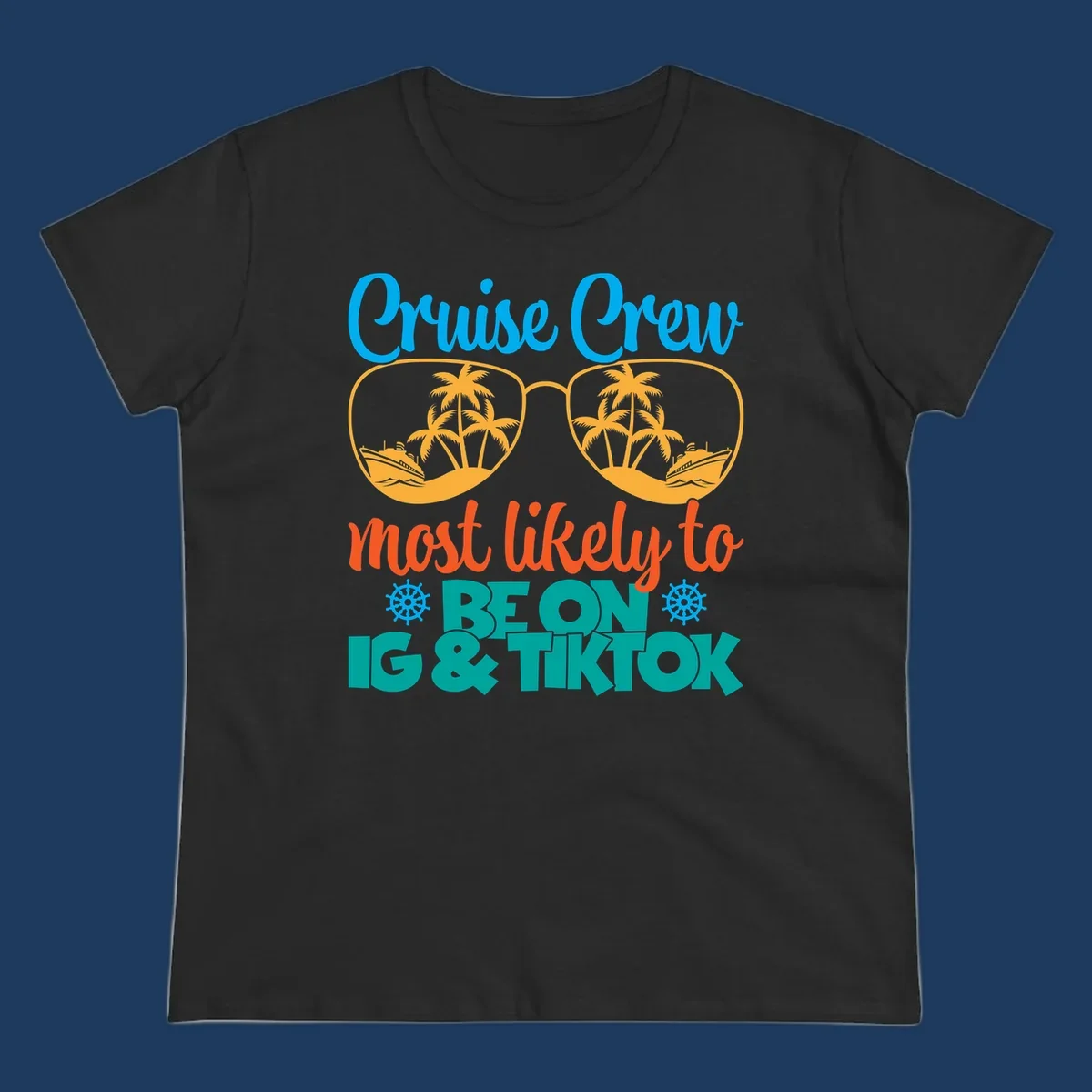 Cruise crew social media design with oversized sunglasses containing tropical island and ship scenes, blue and orange text