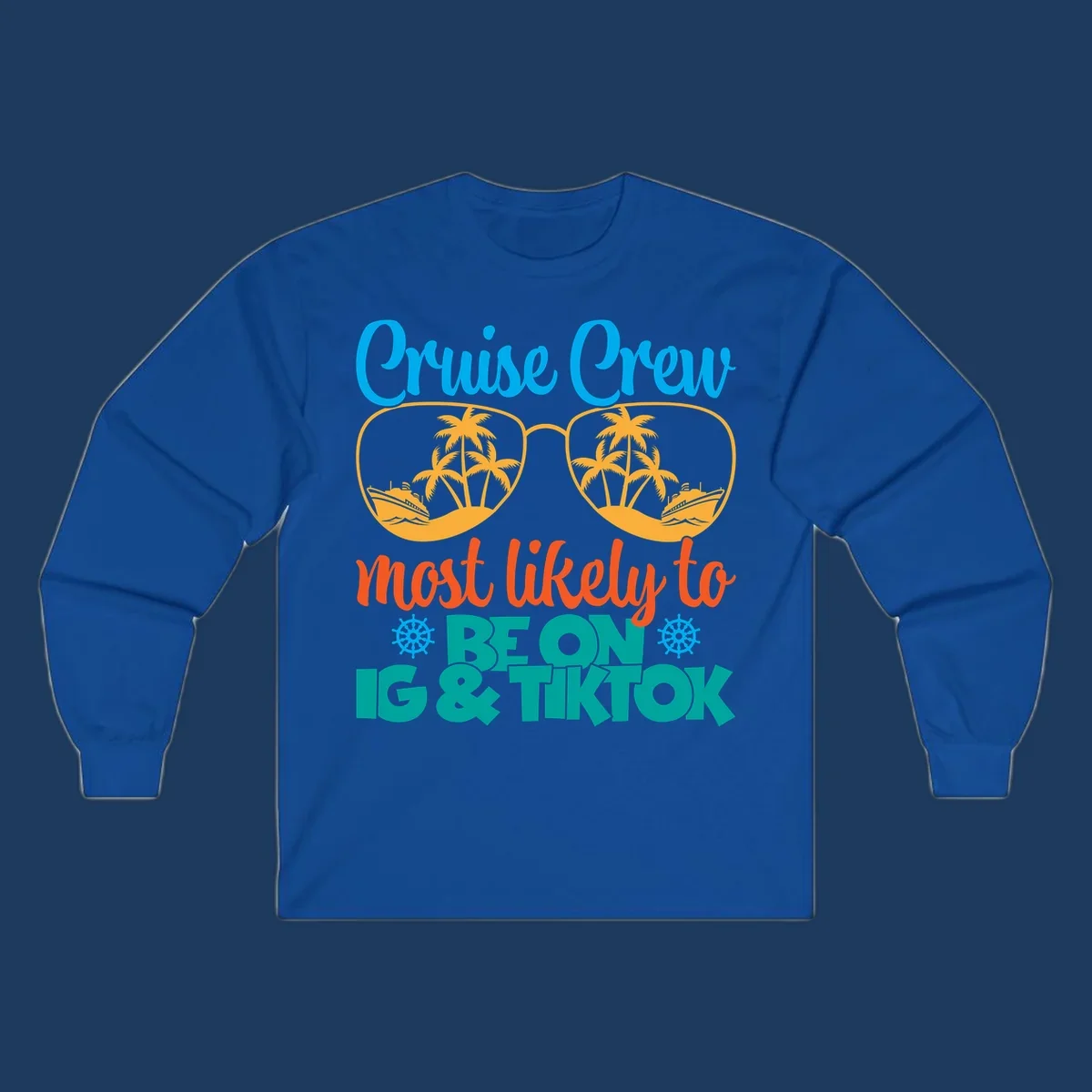 Cruise crew social media design with oversized sunglasses containing tropical island and ship scenes, blue and orange text