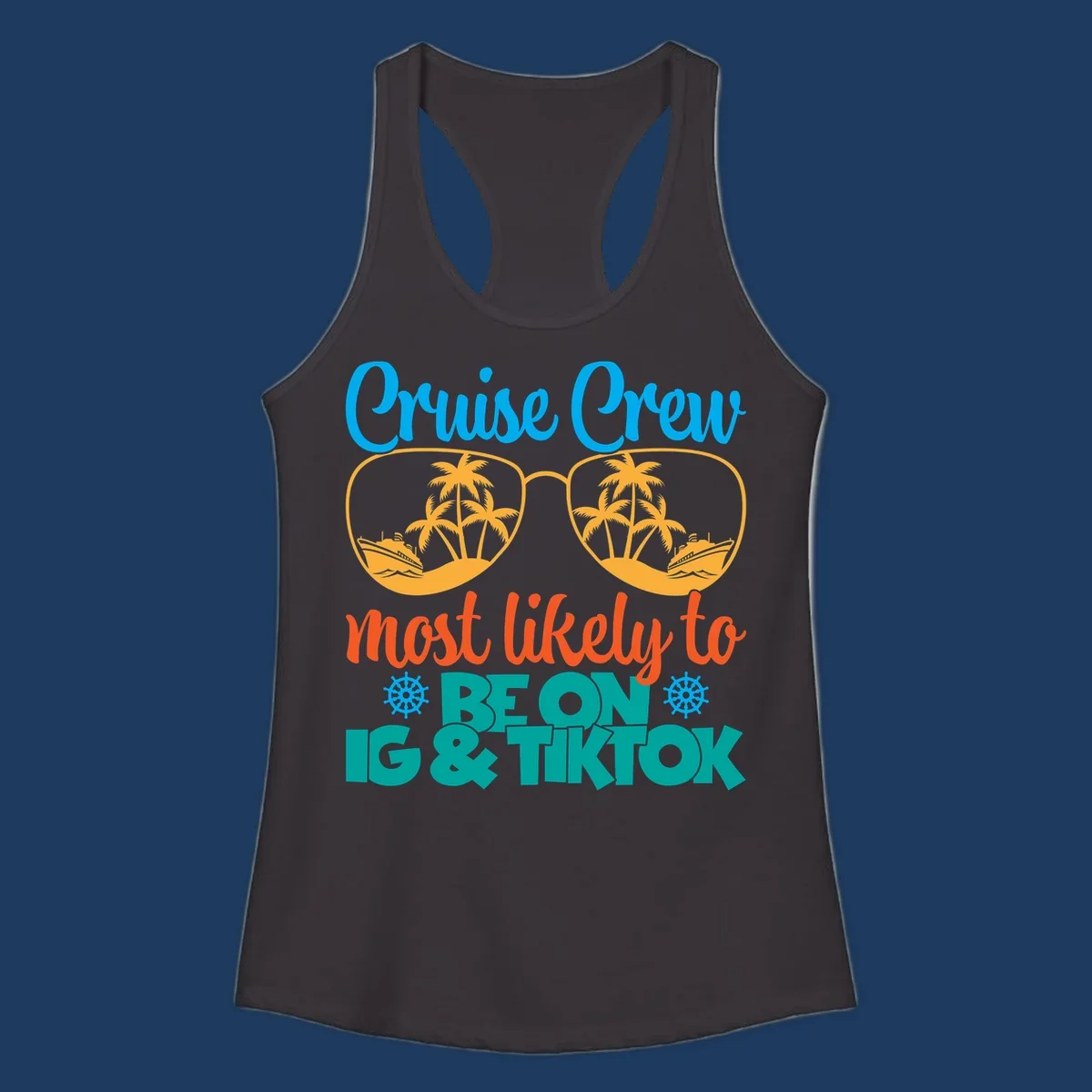 Cruise crew social media design with oversized sunglasses containing tropical island and ship scenes, blue and orange text