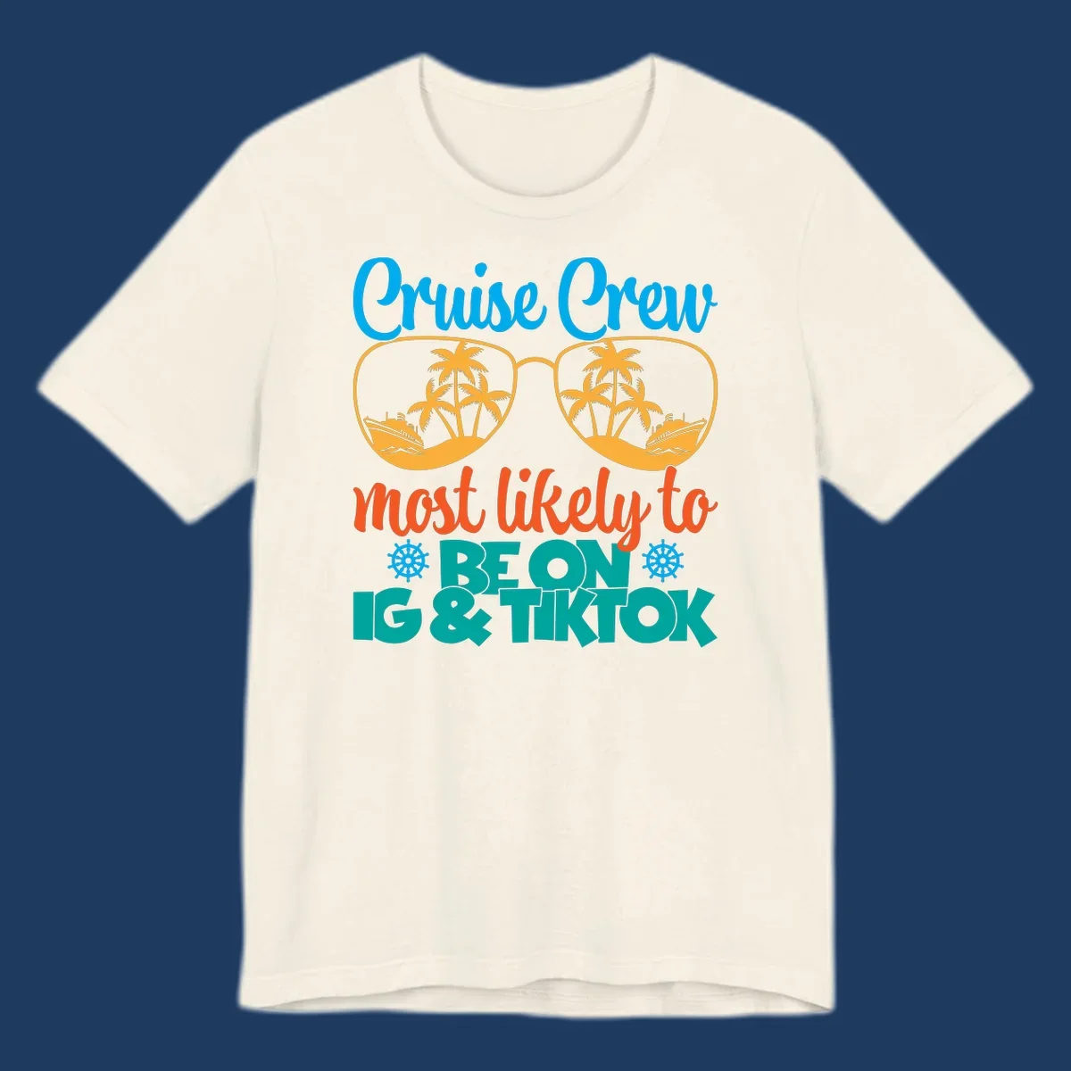 Cruise crew social media design with oversized sunglasses containing tropical island and ship scenes, blue and orange text