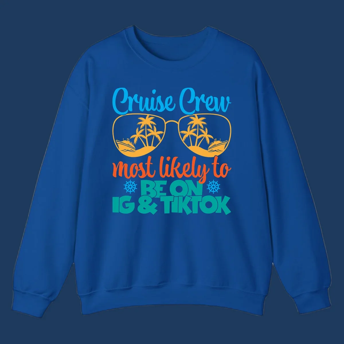 Cruise crew social media design with oversized sunglasses containing tropical island and ship scenes, blue and orange text