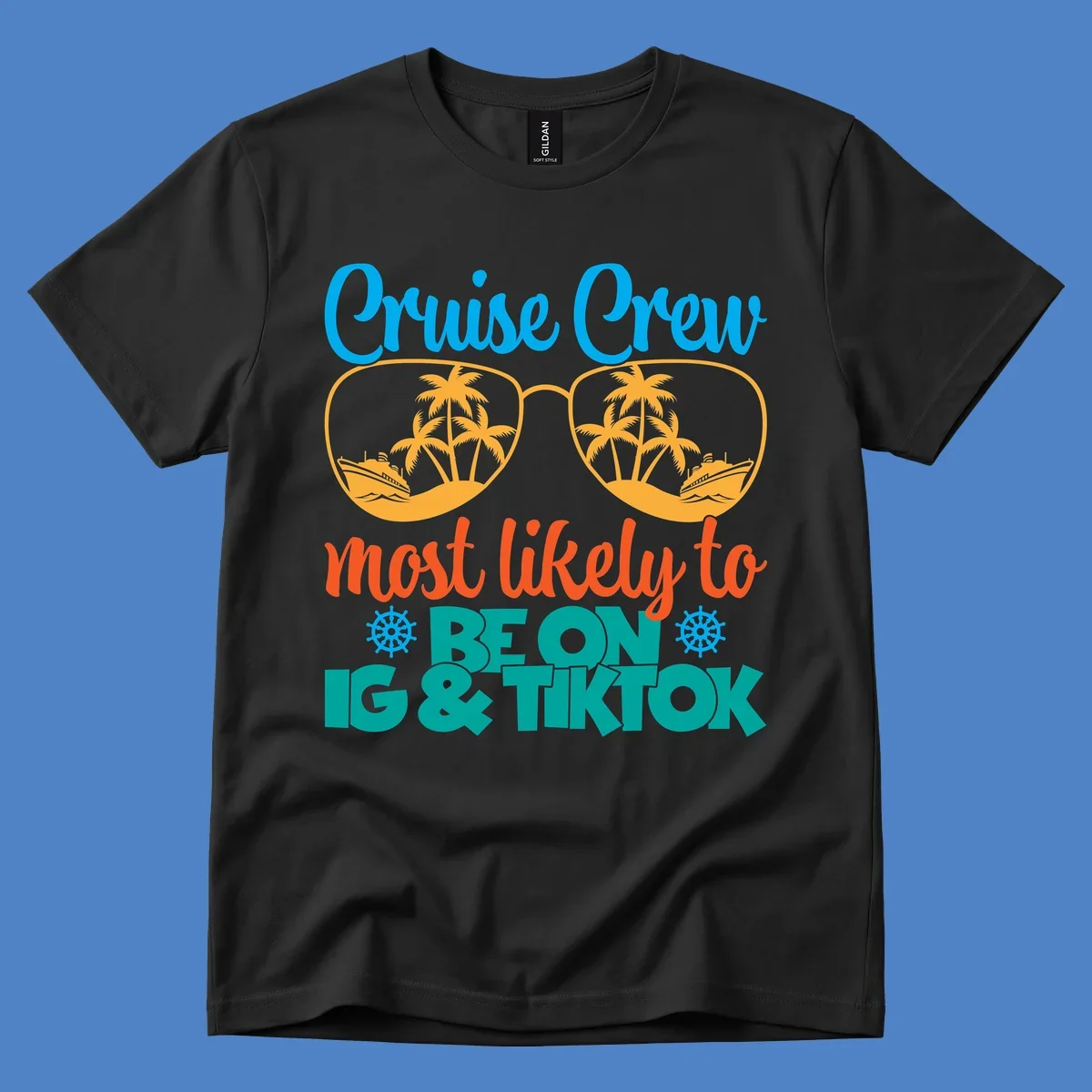 Cruise crew social media design with oversized sunglasses containing tropical island and ship scenes, blue and orange text