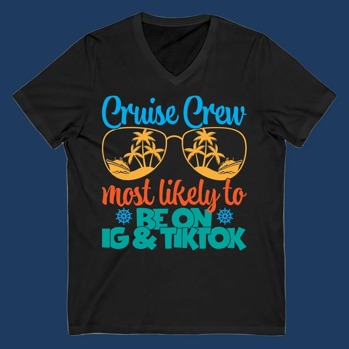 Cruise crew social media design with oversized sunglasses containing tropical island and ship scenes, blue and orange text