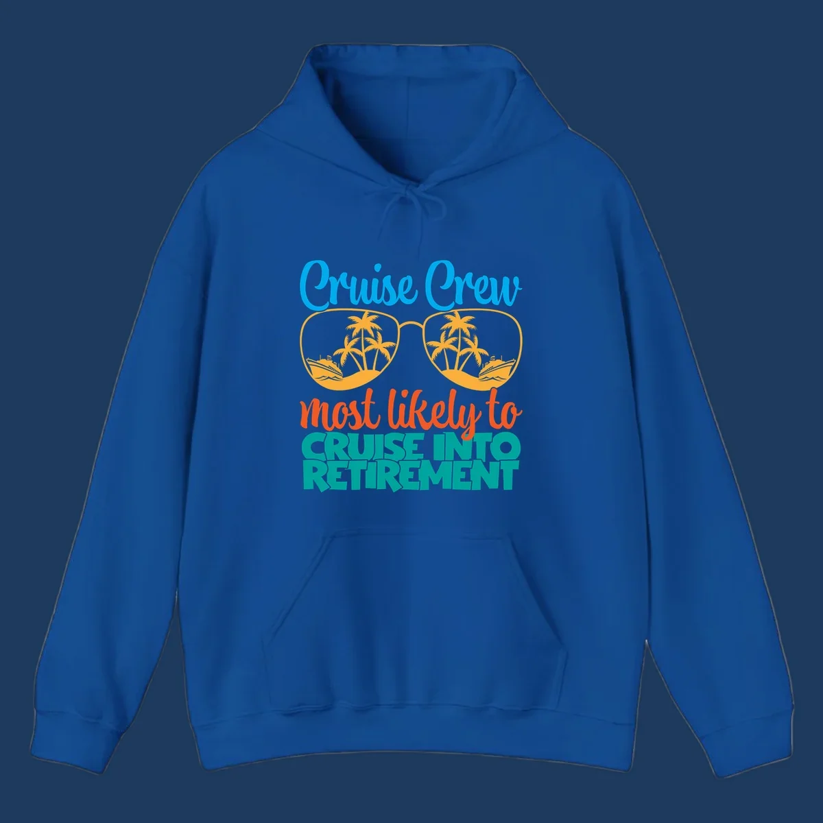 Cruise into retirement design with oversized sunglasses showing tropical palm trees and ships, bold text about cruise crew retirement
