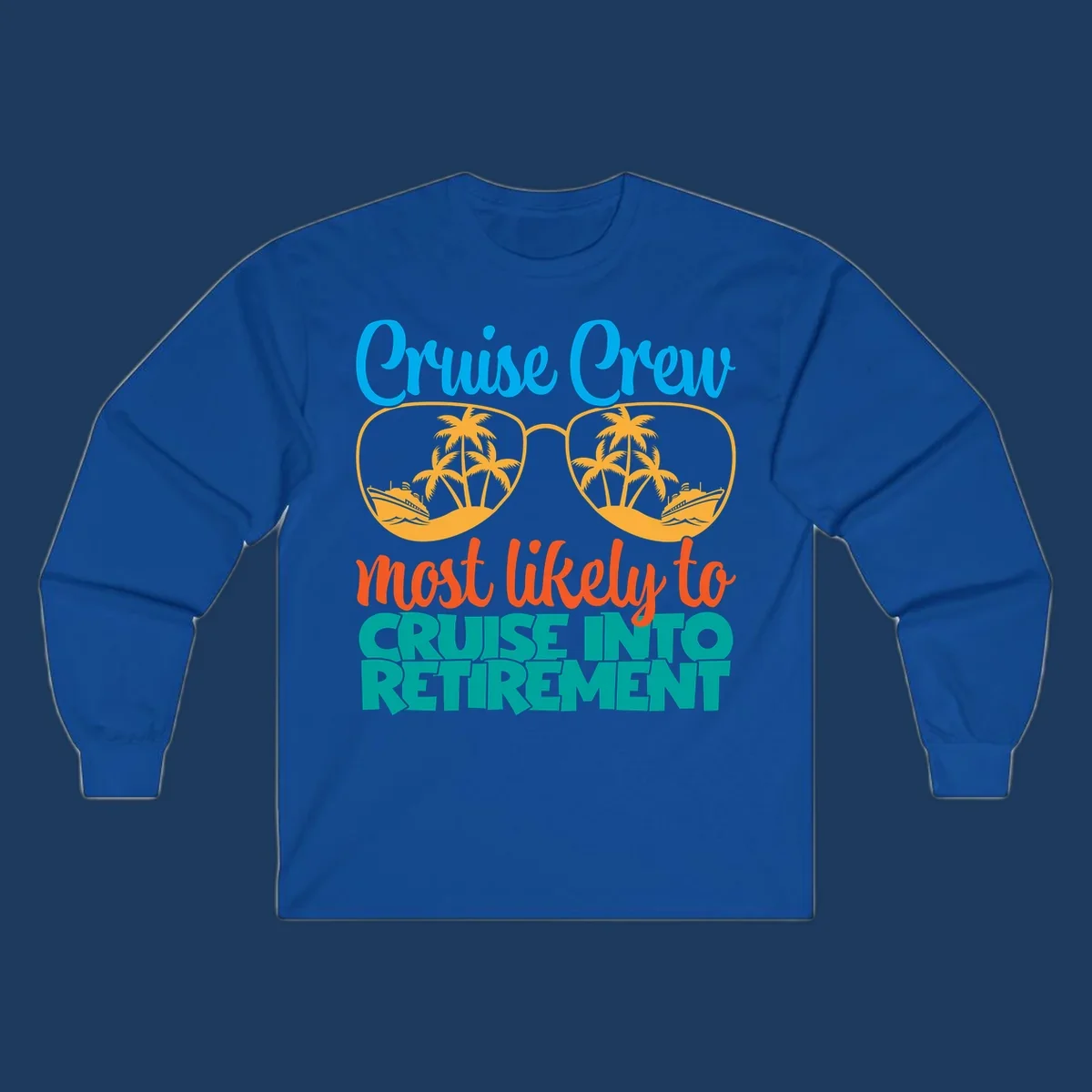 Cruise into retirement design with oversized sunglasses showing tropical palm trees and ships, bold text about cruise crew retirement