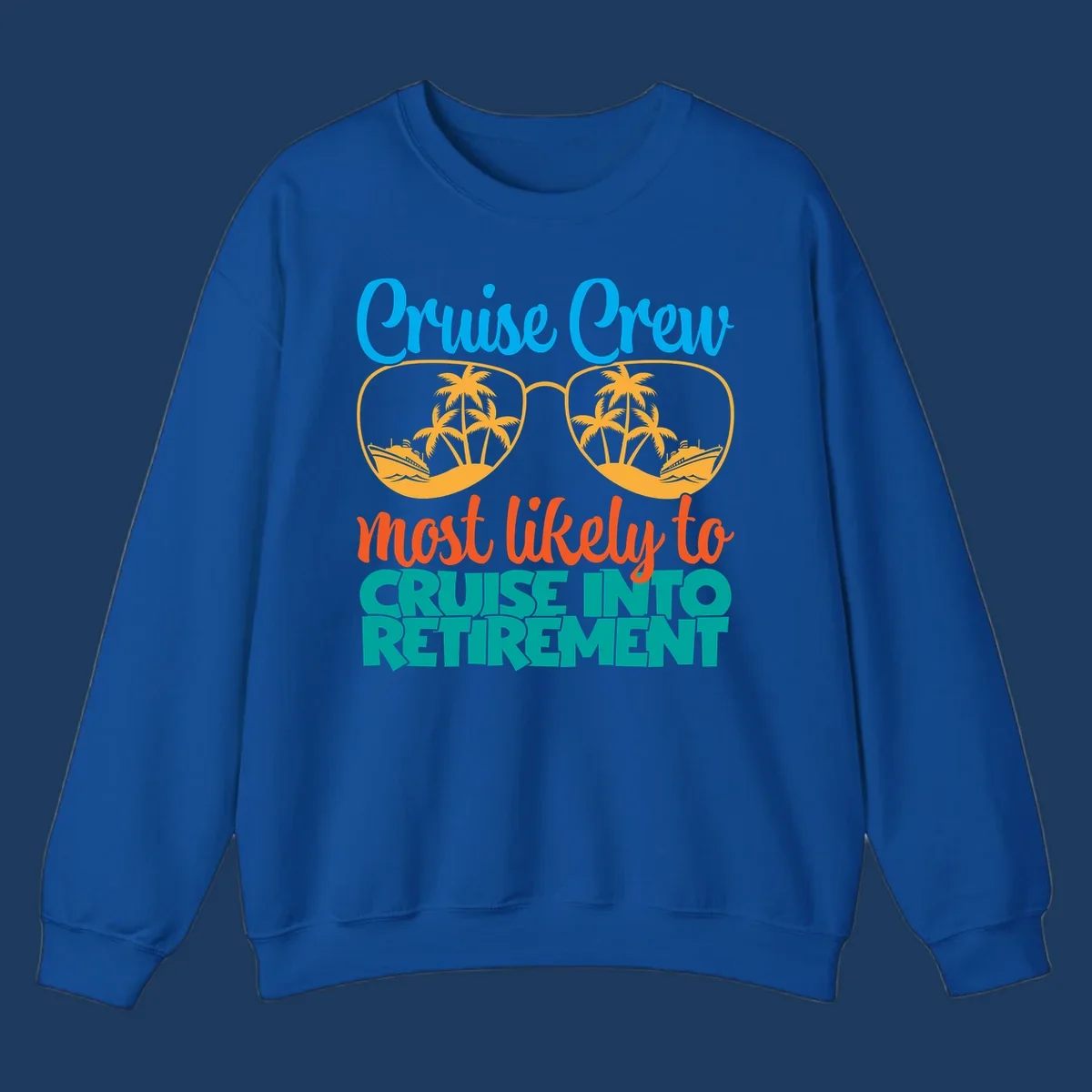 Cruise into retirement design with oversized sunglasses showing tropical palm trees and ships, bold text about cruise crew retirement