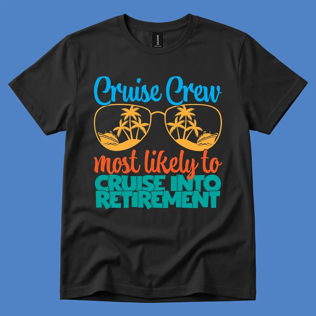 Cruise into retirement design with oversized sunglasses showing tropical palm trees and ships, bold text about cruise crew retirement
