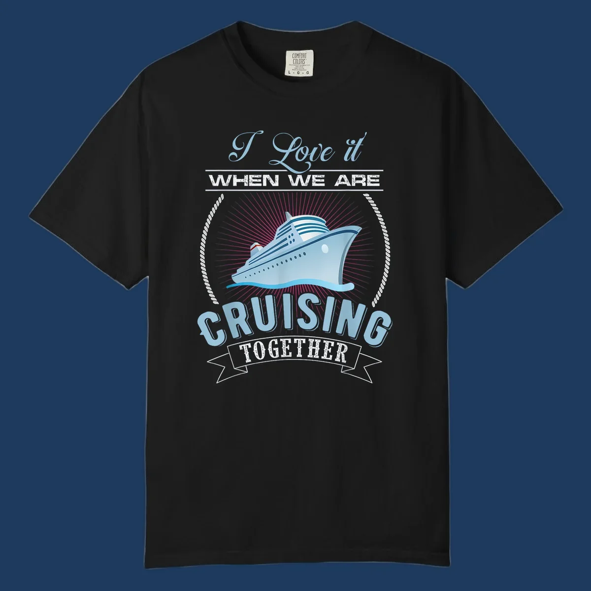 Vintage-style cruising together design with cruise ship, sun rays, and nautical ropes on gray background