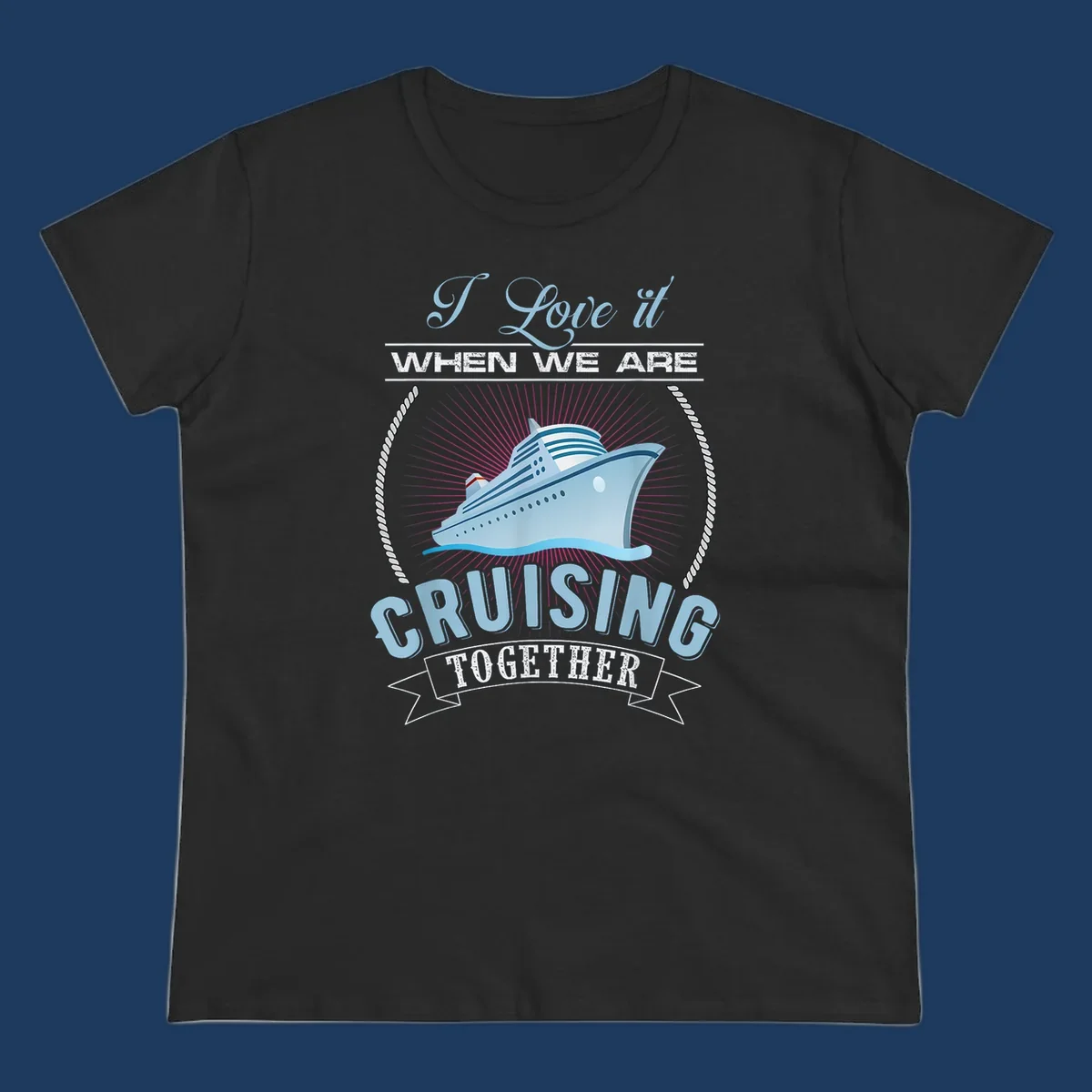 Vintage-style cruising together design with cruise ship, sun rays, and nautical ropes on gray background